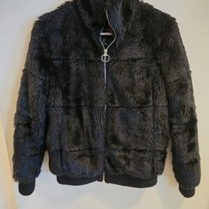Forever 21 Faux Fur Zip Up Bomber Jacket Black